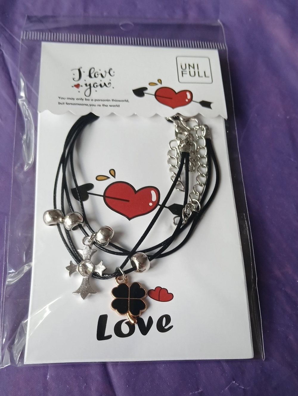 Black Layered Cord bracelets with Silver Cross and Black Clover Charm